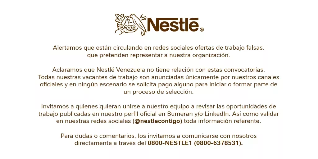 Nestlé Venezuela alerta sobre ofertas de empleo falsas
