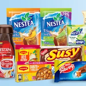 Nestlé brands including Nestea, Nescafé, Maggi, Susy and Savoy products displayed together