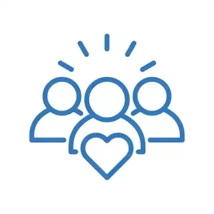 Blue icon of three people with a heart symbolizing Nestlé employees, teamwork and care